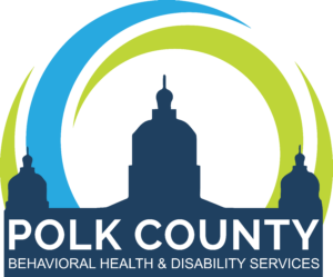 Silhouette of the state capitol building with a circular pattern connecting the two external towers in the sky. Polk County Behavioral Health & Disability Services name written below.