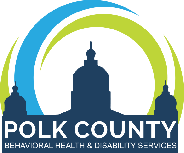 Silhouette of the state capitol building with a circular pattern connecting the two external towers in the sky. Polk County Behavioral Health & Disability Services name written below.