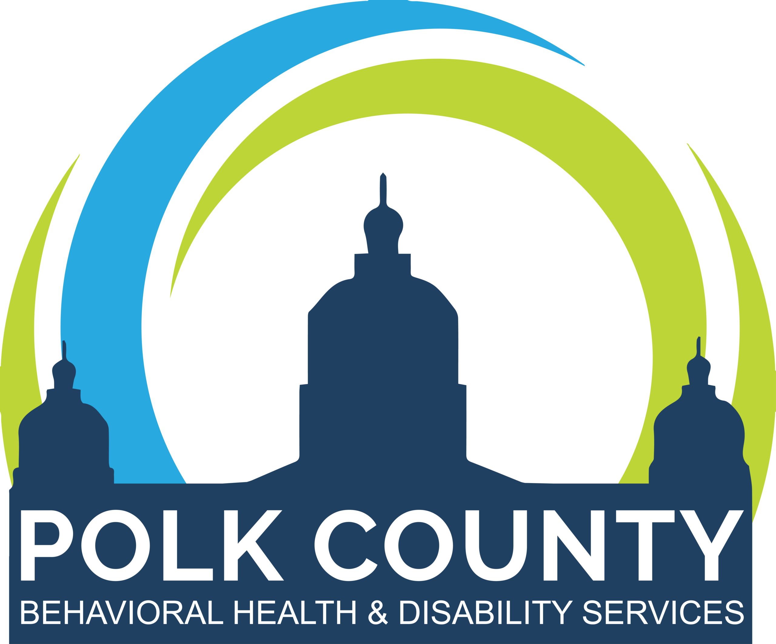 Silhouette of the state capitol building with a circular pattern connecting the two external towers in the sky. Polk County Behavioral Health & Disability Services name written below.